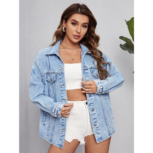 bohogypsydreamer.com Jackets & Blazers - Oversized boho Flap Pocket Denim jean Jacket light wash blue round hem